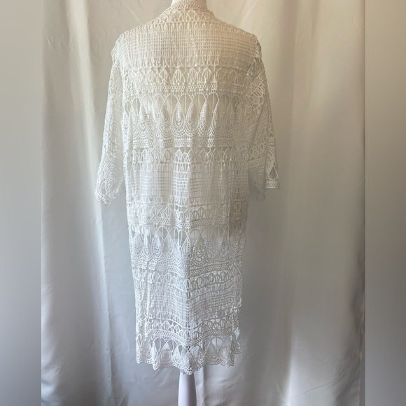 White Lace Crochet 3/4 Sleeve Cover-Up Duster Cardigan Coastal Beach Resortwear - Picture 5 of 9